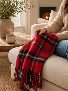 Vintage Faribo Red Tartan Plaid Fringe Throw Blanket 41x56